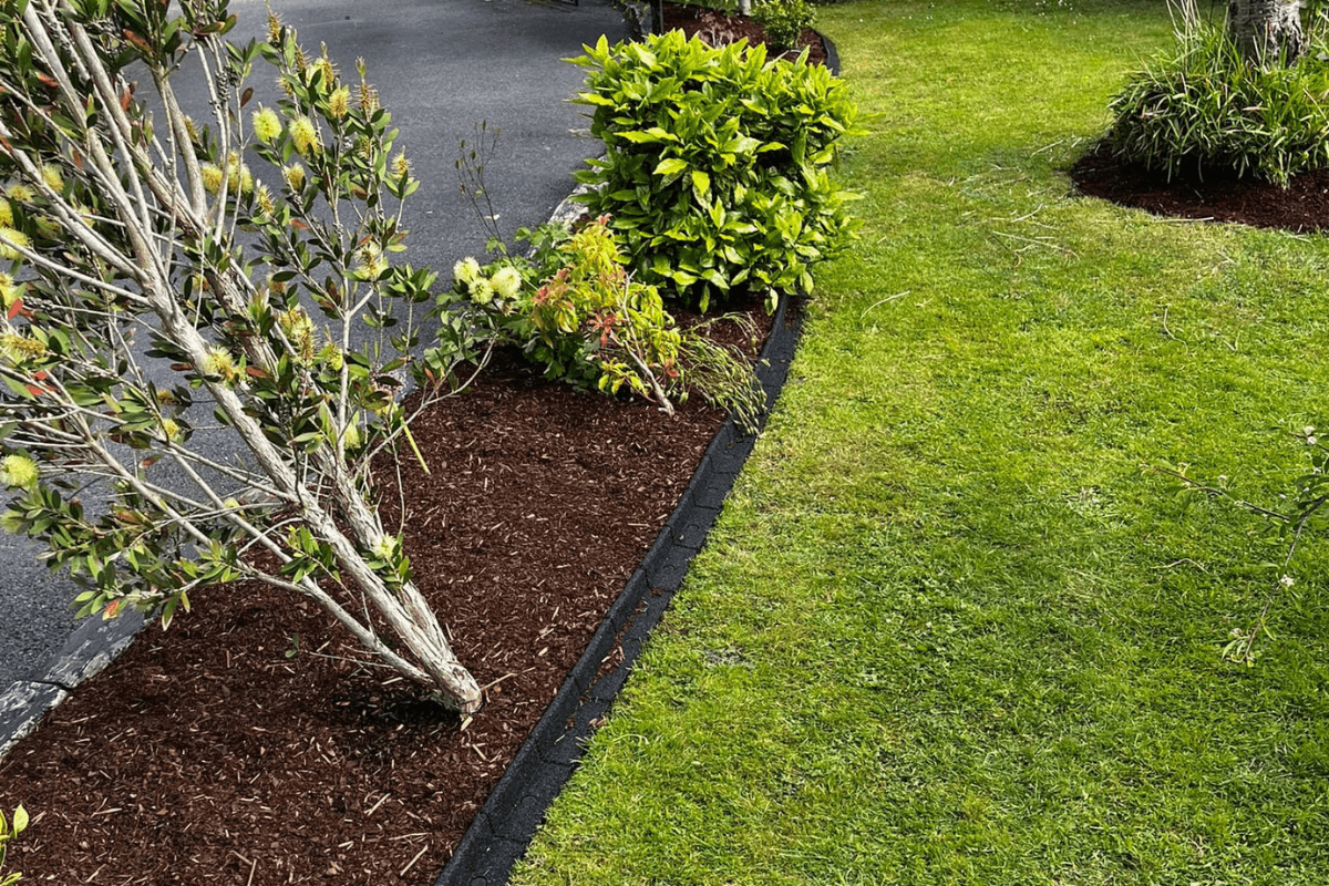 Flexiborder and mulch used to define garden beds and create a neat, low-maintenance landscape.
