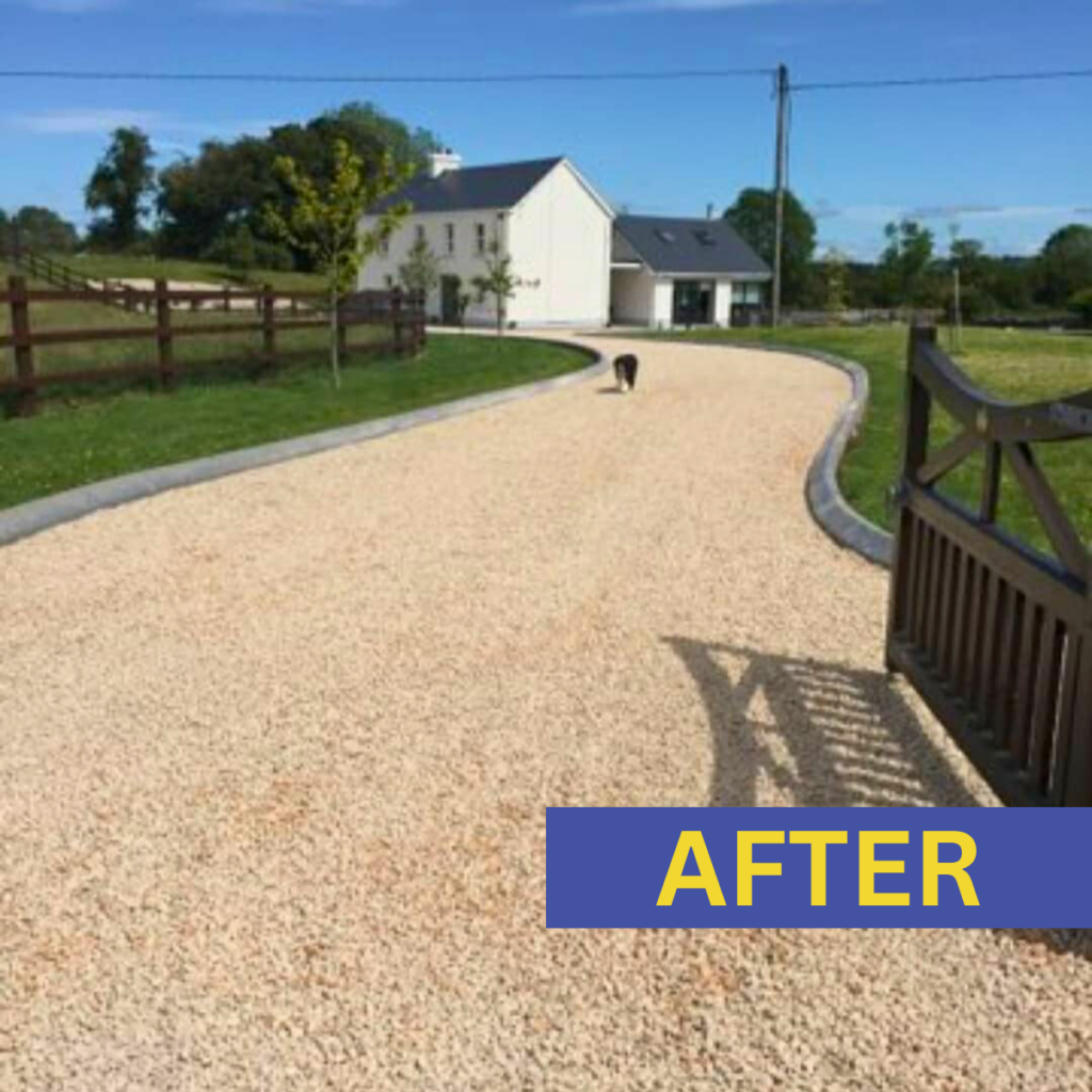 After photo of a clean, well-maintained driveway with smooth surface, neatly edged borders, and fresh gravel or paving.