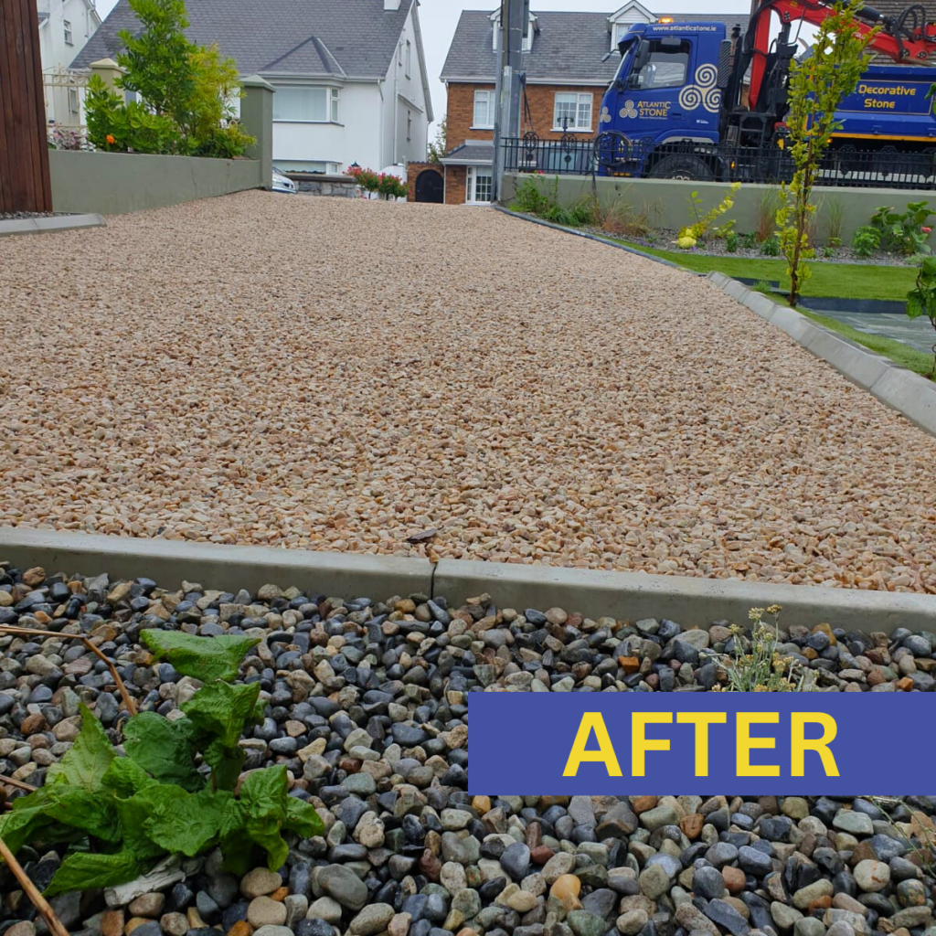 After photo of a clean, well-maintained driveway with smooth surface, neatly edged borders, and fresh gravel or paving.
