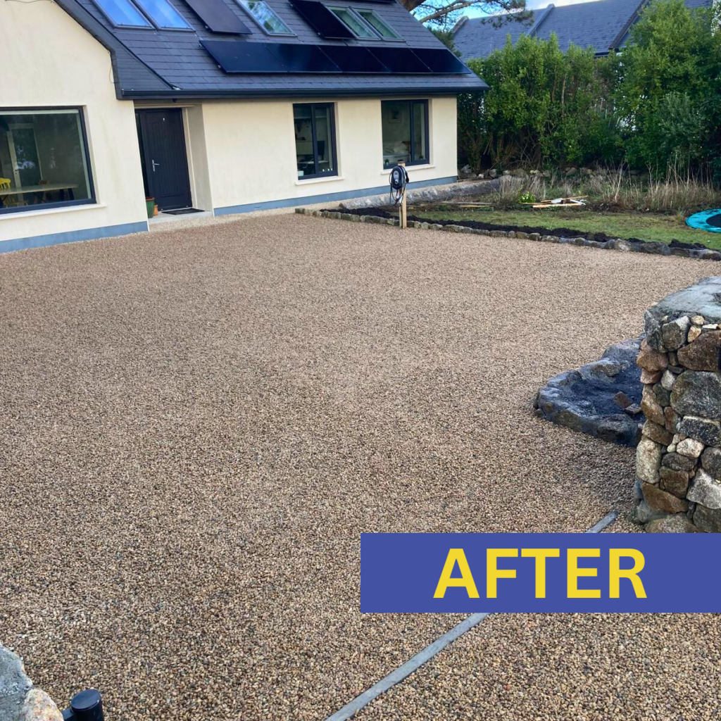 After photo of a clean, well-maintained driveway with smooth surface, neatly edged borders, and fresh gravel or paving.