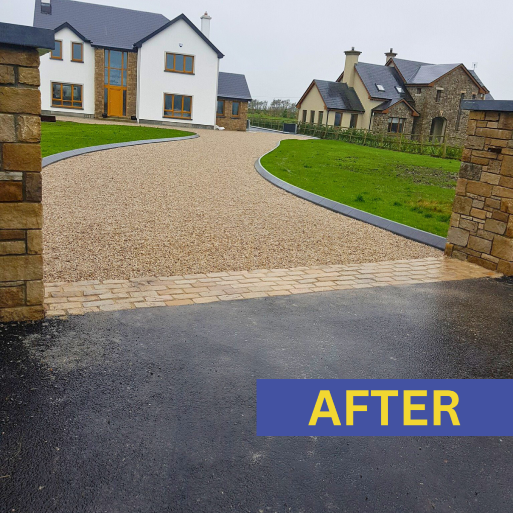 After photo of a clean, well-maintained driveway with smooth surface, neatly edged borders, and fresh gravel or paving.