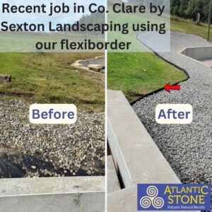 Before and after garden landscaping using FlexiBorder edging from Atlantic Stone – messy, scattered stone area transformed into a clean, professional finish.