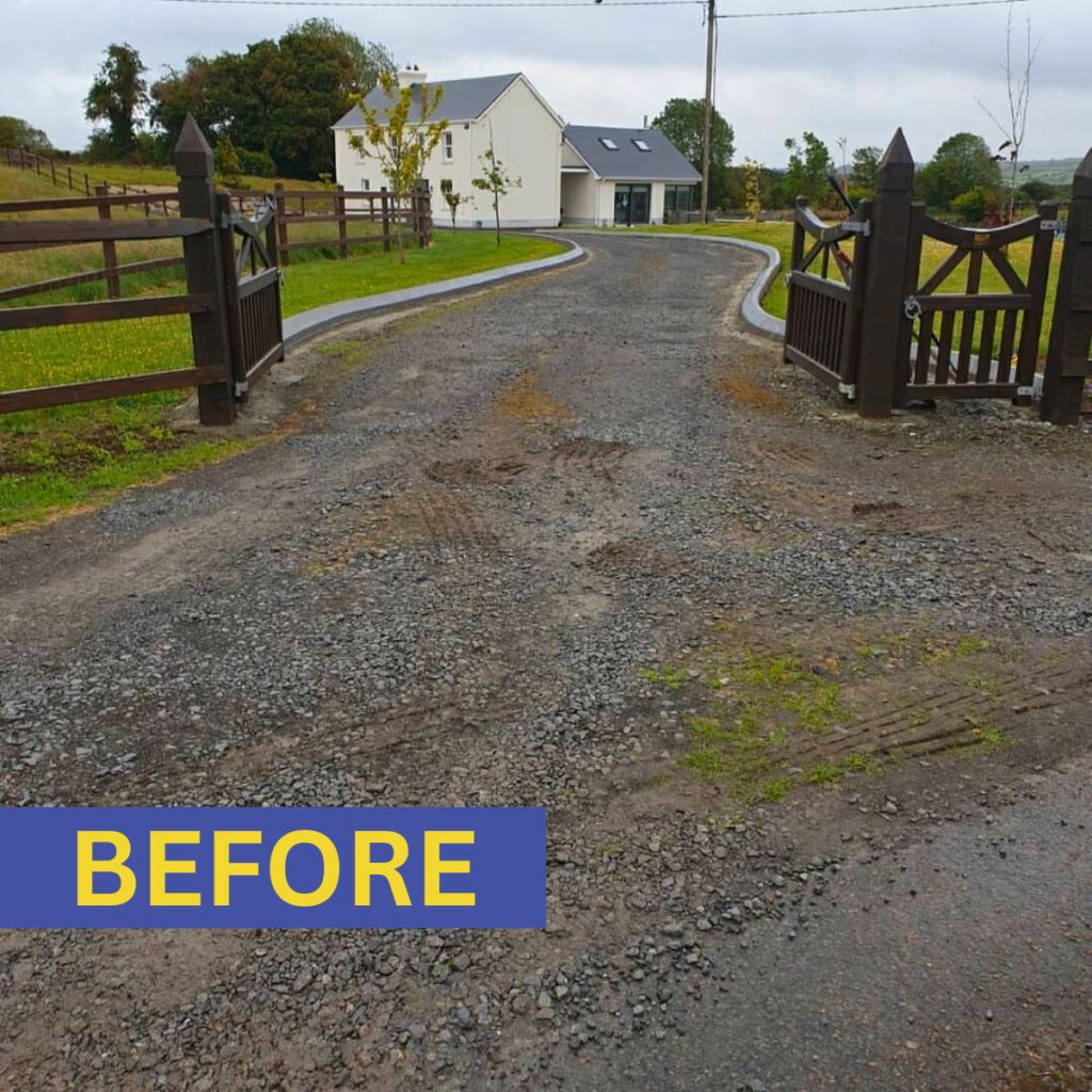 Before image of a messy driveway with scattered stones, uneven surface, and disorganized layout.