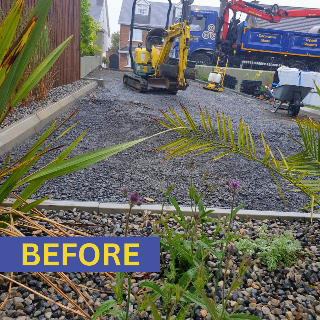 Before image of a messy driveway with scattered stones, uneven surface, and disorganized layout.