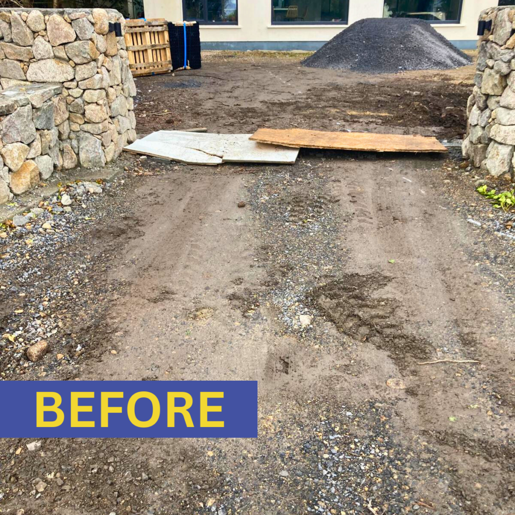 Before image of a messy driveway with scattered stones, uneven surface, and disorganized layout.