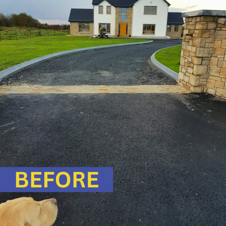 Before image of a messy driveway with scattered stones, uneven surface, and disorganized layout.