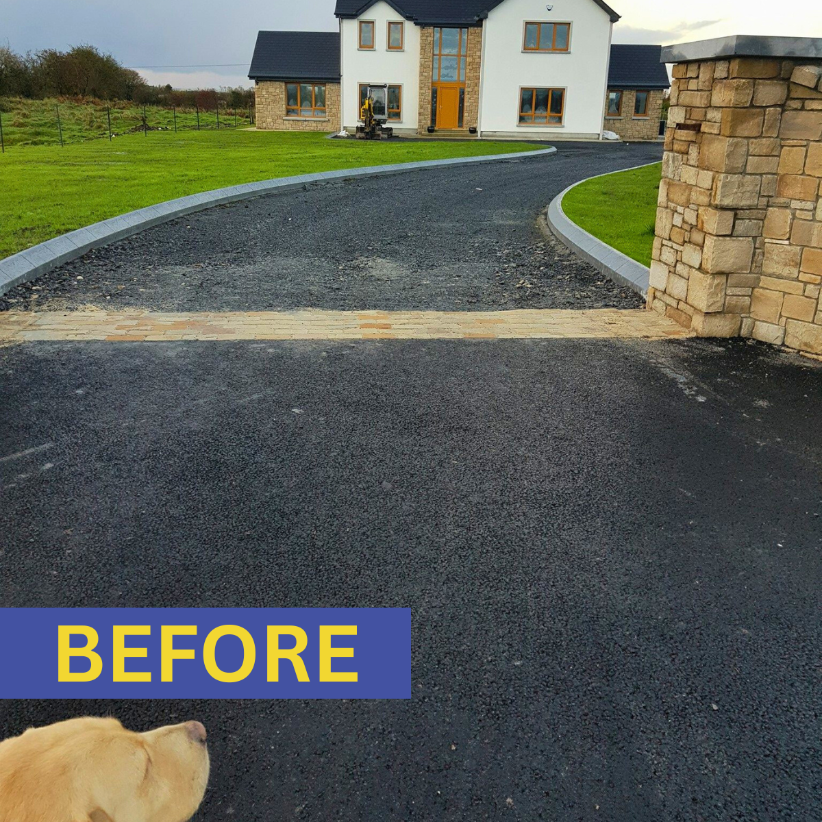 Before image of a messy driveway with scattered stones, uneven surface, and disorganized layout.