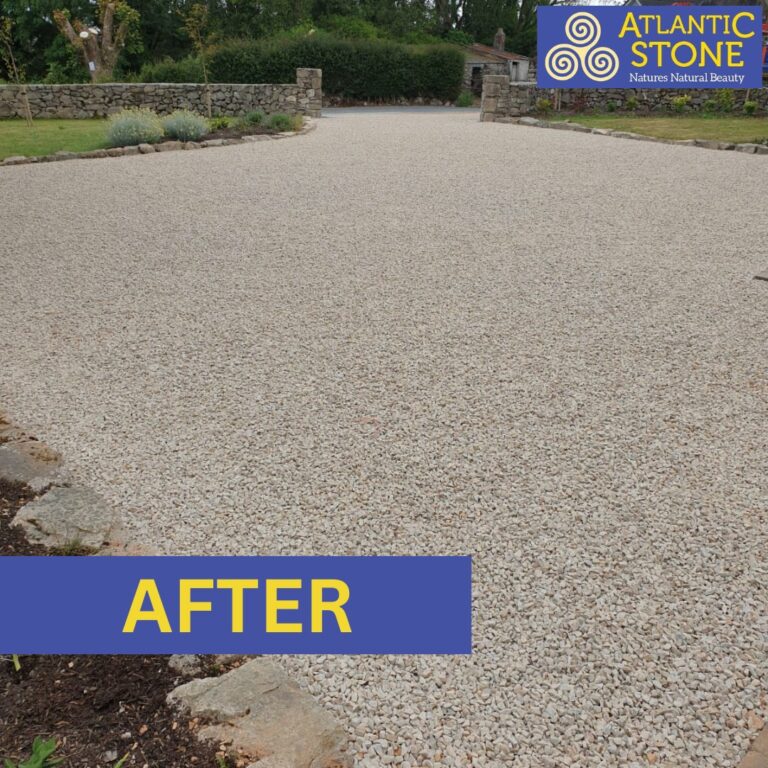 After photo of a clean, well-maintained driveway with smooth surface, neatly edged borders, and fresh gravel or paving.