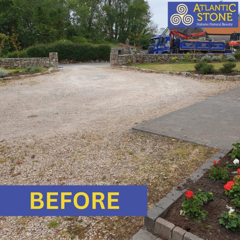 Before image of a messy driveway with scattered stones, uneven surface, and disorganized layout.